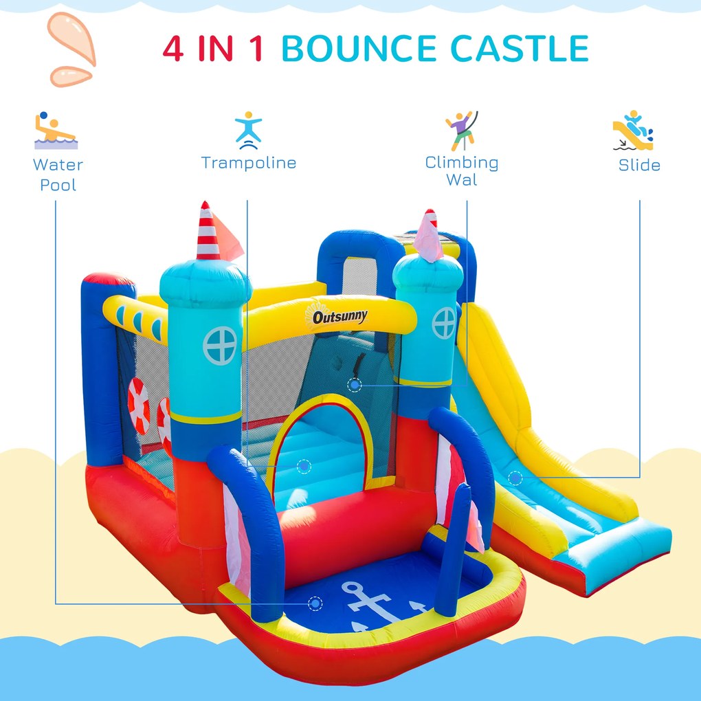 Castel Gonflabil 4 in 1 Outsunny pentru Copii de la 3 la 8 ani cu Tobogan, Trambulina, Piscina si Pompa inclusa, 265x260x200cm | Aosom Romania