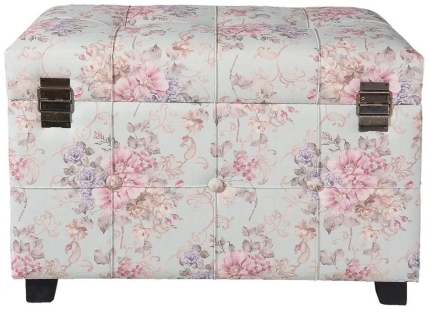Pouf shabby chic, roz, cu imprimeu floral si spatiu de depozitare, 61x37x43 cm