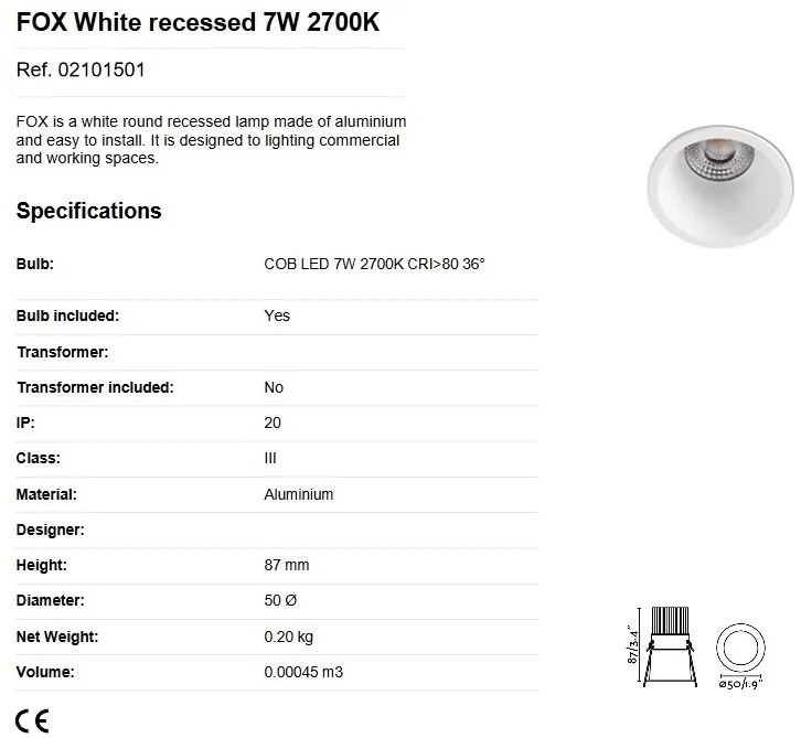 Spot LED dimabil / incastrabil tavan / plafon FOX alb 7W