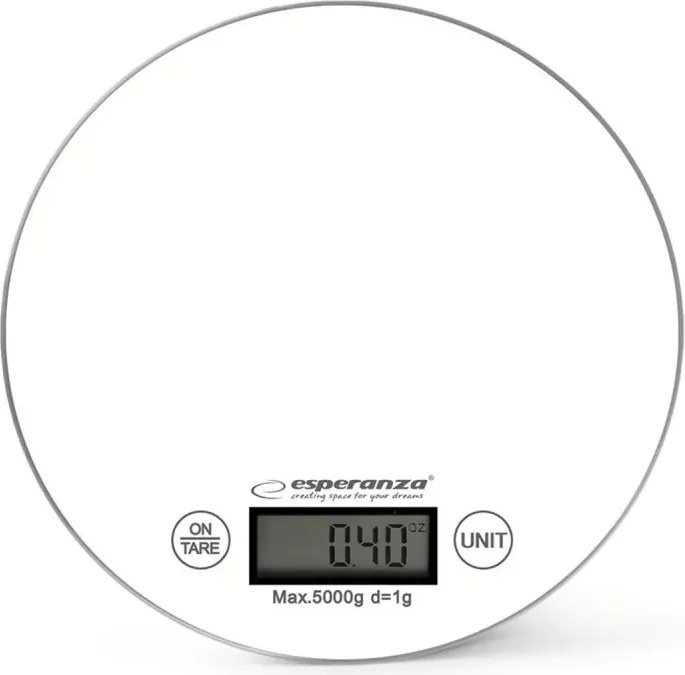 Cântar de bucătărie Esperanza EKS003KW, funcție TARE, afișaj LCD, 5 kg, alb