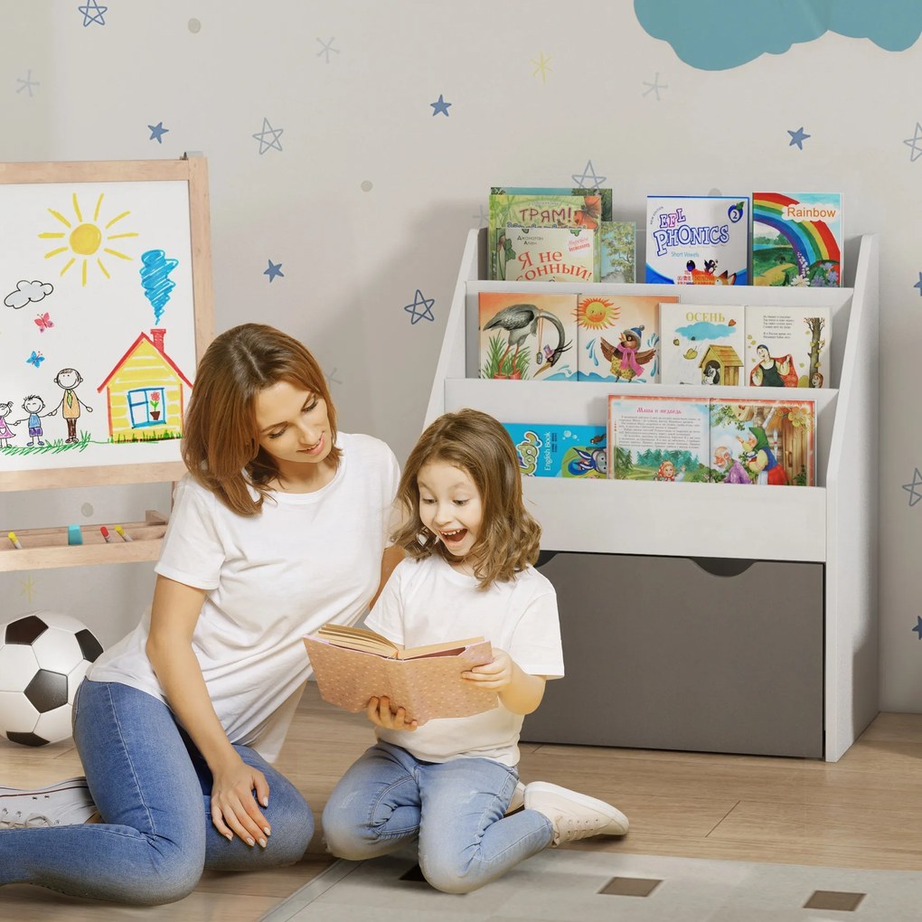 AIYAPLAY Bibliotecă pentru Copii 3-8 Ani cu 3 Rafturi și Sertar Inferior, din MDF, 62.5x30x70 cm, Gri | Aosom Romania