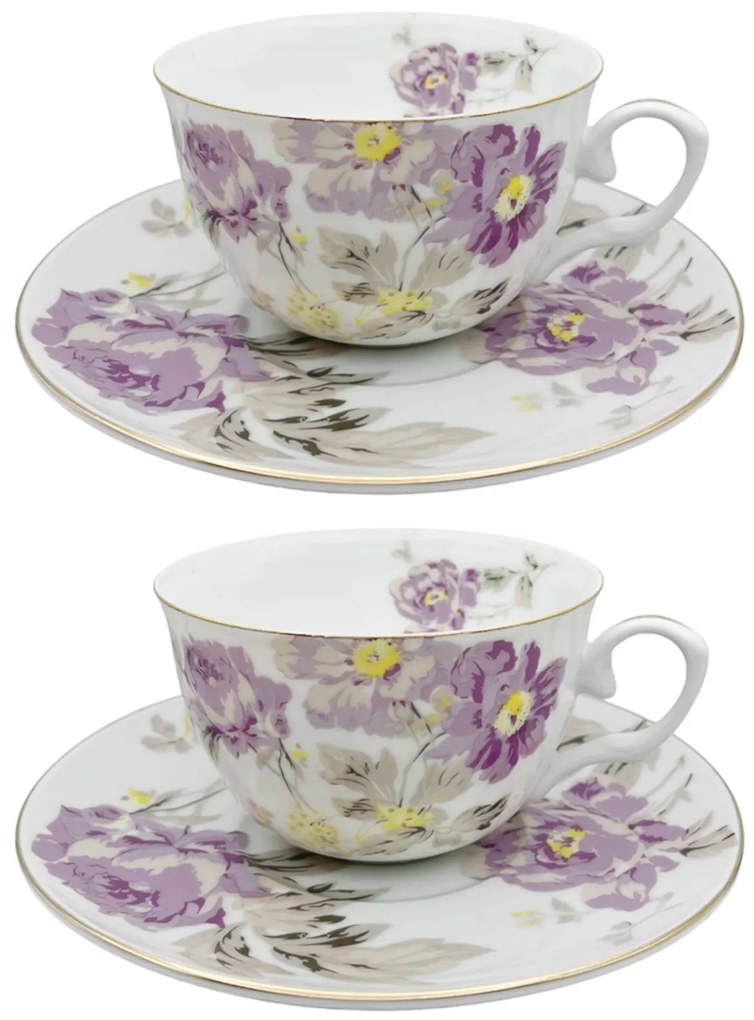 Set portelan fin, 2 Cesti si farfurii Violette, 180ml