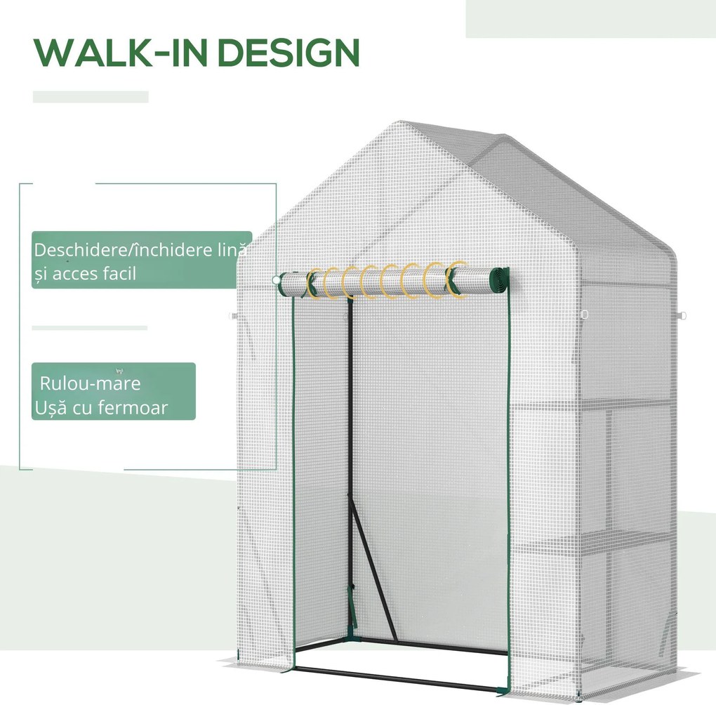 Outsunny Sera pentru Gradina din Otel, Sera pentru Plante, legume, fructe cu 2 Rafturi si Usa tip Rulou, Alb | Aosom Romania