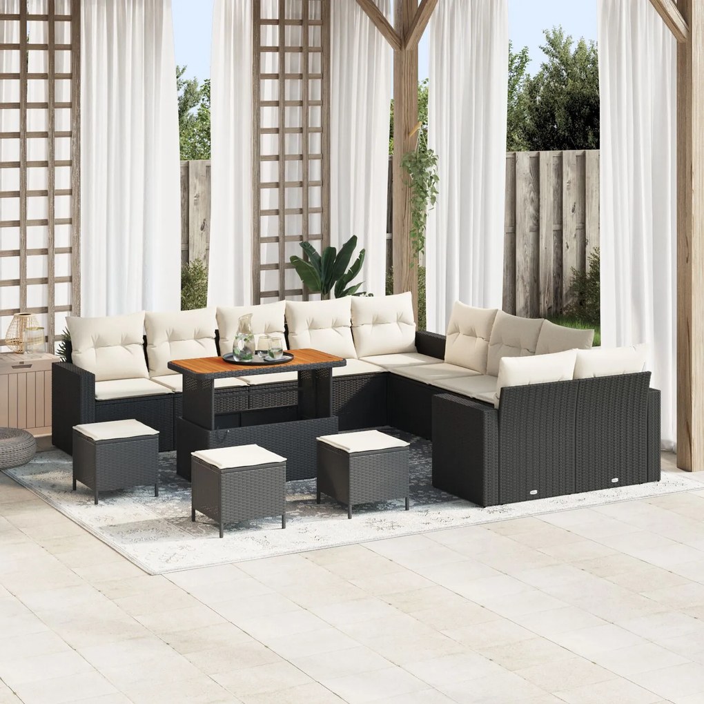 vidaXL Set de canapea de grădină cu 14 piese, perne, rattan negru și acacia.