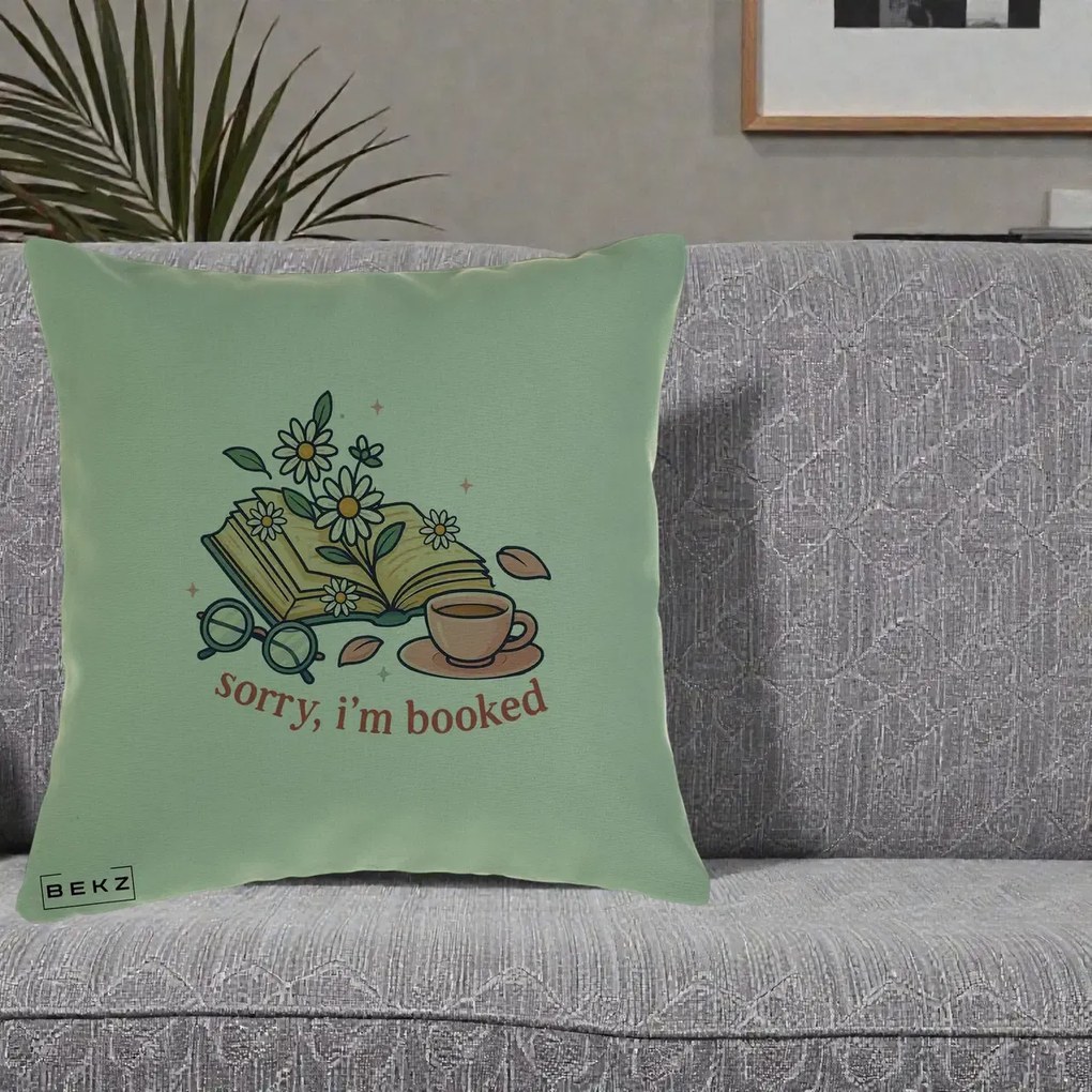 Perna Personalizata Sorry I'm Booked Carti Flori, 40x40 cm, Verde, Husa Detasabila, Perna Inclusa, BEKZ®