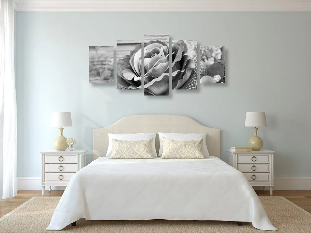 Tablou 5-piese trandafir vintage elegant în design alb-negru