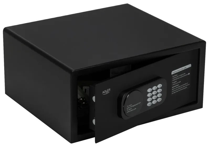 Seif electronic Adler AD 1045, 200x420x370 mm, 14 l, Blocare după 4 încercări greșite, Avertizare baterie descărcată, Negru