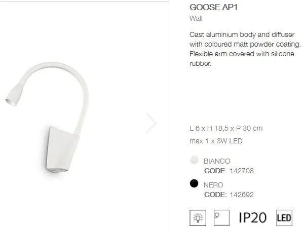 Aplica de perete cu brat flexibil LED GOOSE AP1 BIANCO 142708
