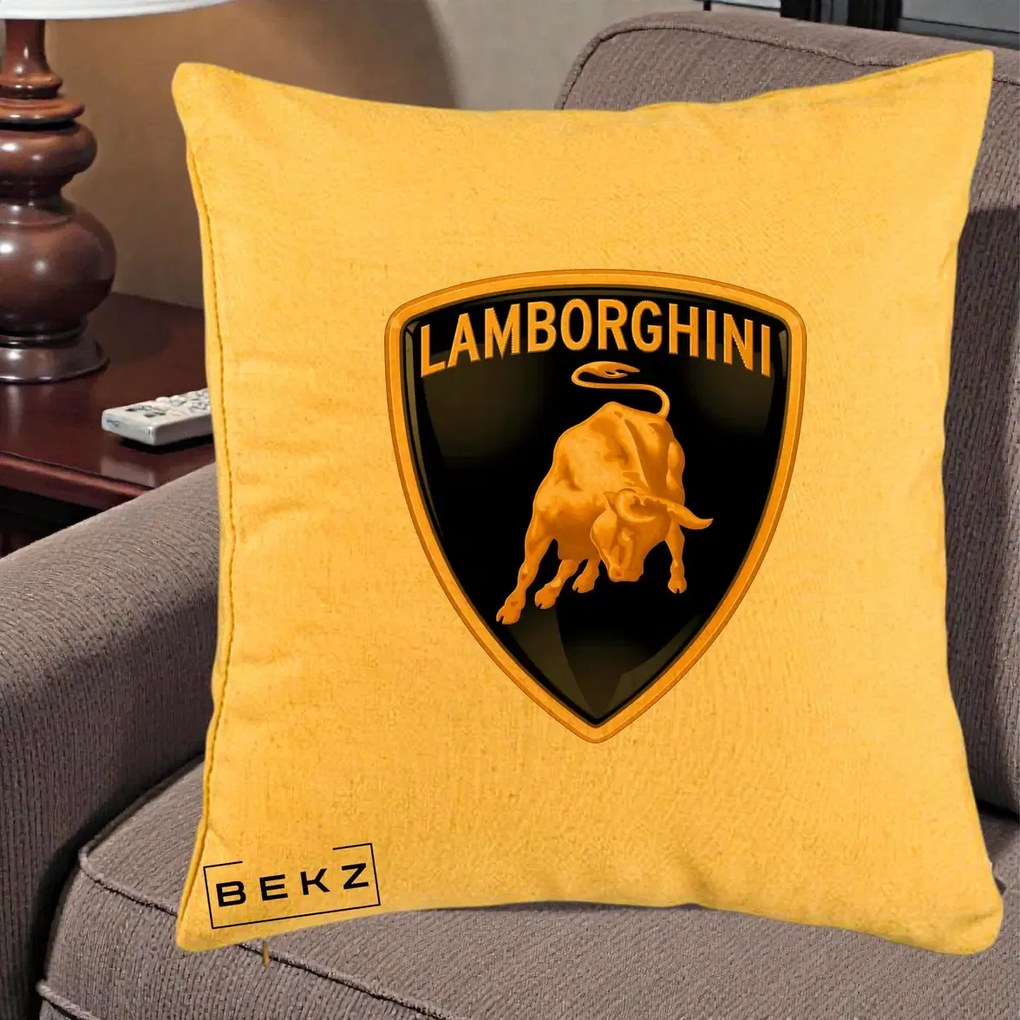 Perna Personalizata cu emblema Lamborghini, 40x40 cm, Galben, Husa Detasabila, Perna Inclusa, BEKZ®