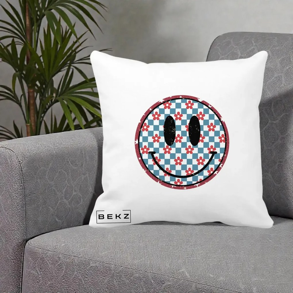 Perna Decorativa Smiley Face Checkered cu Floricele, 40x40 cm, Alba Mata, Husa Detasabila, Perna Inclusa, BEKZ®