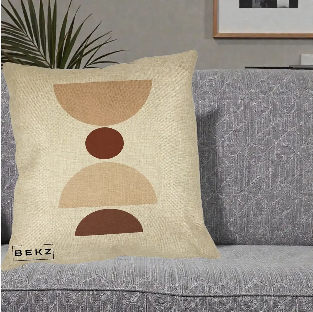 Perna Decorativa Geometric Boho Cerc si Boluri, 40x40 cm, Crem, Husa Detasabila, Perna Inclusa, BEKZ®