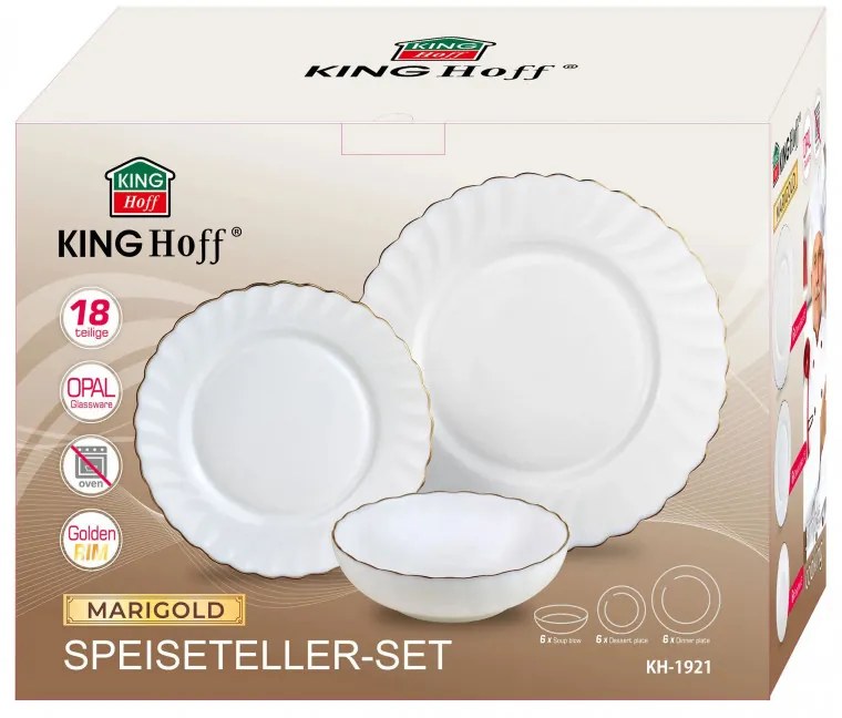 Veselă Kinghoff KH 1921, 18 bucăți, Pentru 6 persoane, Sticlă opală, Alb / Elastic