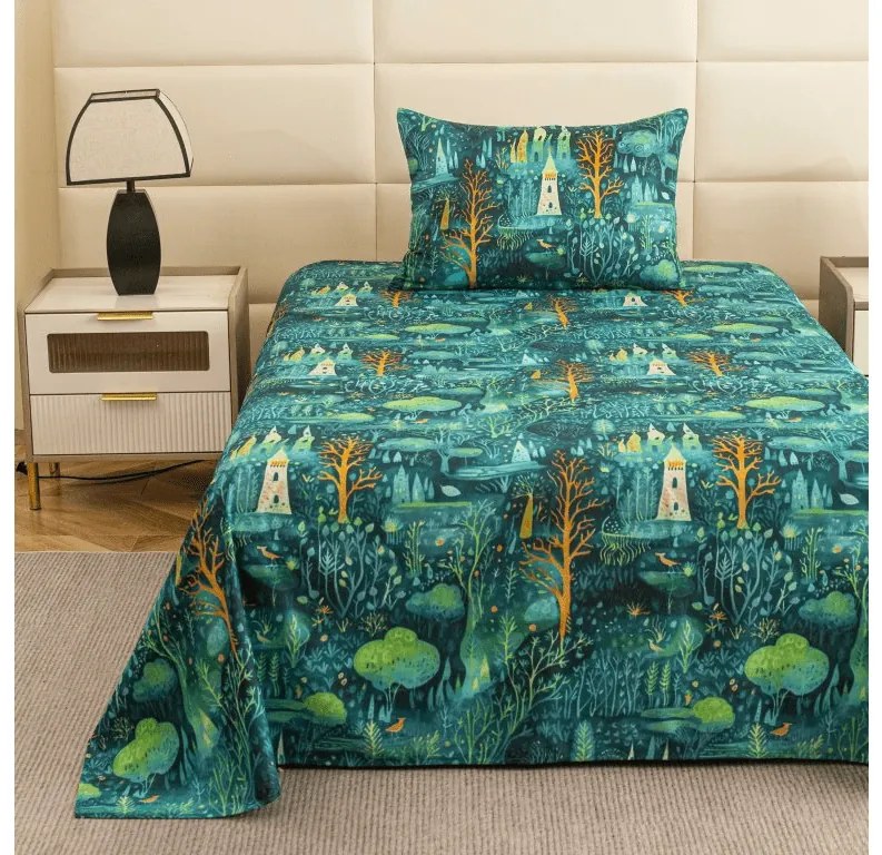Cearsaf din microfibra 140x240 cm si husa pentru perna 50x70 cm NEON FOREST, colorat