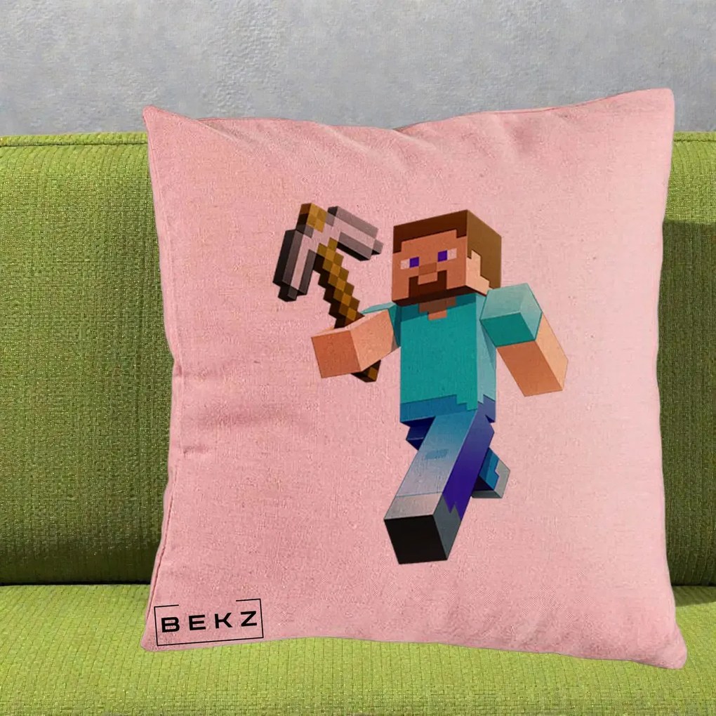 Perna Personalizata Minecraft Steve cu Tarnacop, 40x40 cm, Roz, Husa Detasabila, Perna Inclusa, BEKZ®