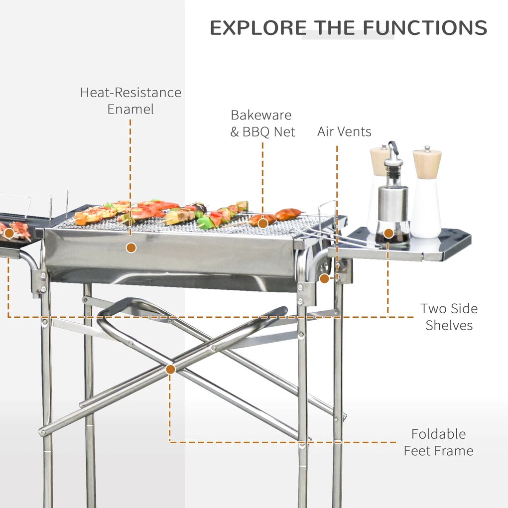 Barbecue cu Carbon BBQ Grill Outsunny cu Blat de Sprijin in Otel Inox | Aosom Romania