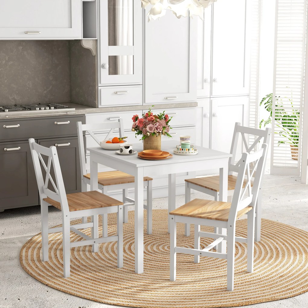 HOMCOM Set 4 Scaune cu Spătar Transversal, Scaune Clasice din Lemn de Pin, 41x46.5x87 cm, Alb | Aosom Romania