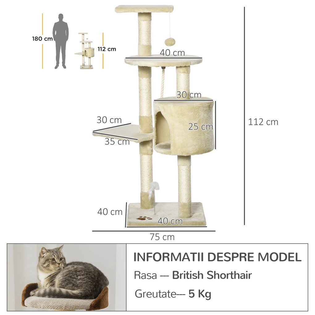 Ansamblu de joaca pentru pisici din MDF acoperit de pluș, stalpi de ascutit unghii si căsuță 75x40x112cm bej PawHut | Aosom Romania