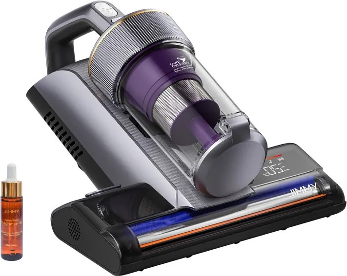 Aspirator anti-acarieni Jimmy BX8 Pro, 600 W, 0,5 l, 17 kPa, Pro-Brushroll, Sterilizare prin incalzire la 65 °C, Ultrasunete, UV, Ioni negativi, Filtrare in 6 etape, Gri/Violet