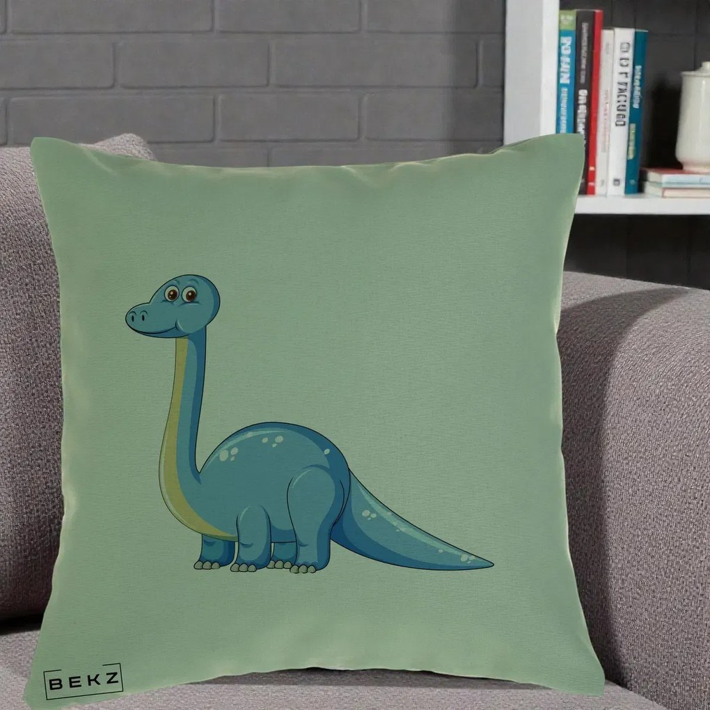 Perna Personalizata Brontosaur Albastru, 40x40 cm, Verde, Husa Detasabila, Perna Inclusa, BEKZ®