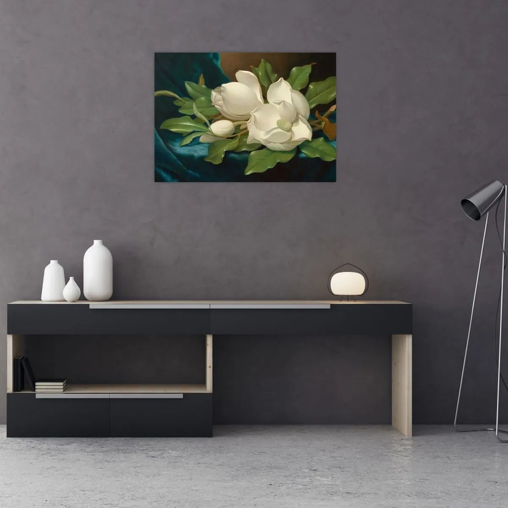 Tablou pe sticlă - Martin Johnson Heade, Giant Magnolias on a Blue Velvet Cloth, reproducere (70x50 cm)