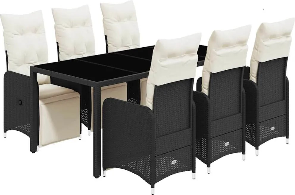 vidaXL Set bistro de grădină, 7 piese, cu perne, negru, poliratan