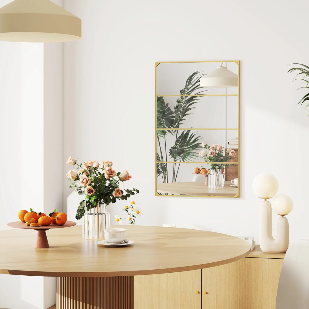 HOMCOM Oglindă de perete tip verrière, dreptunghiulară, stil industrial, montaj orizontal sau vertical cu 4 cârlige, din metal auriu 109 x 69 cm | Aosom Romania