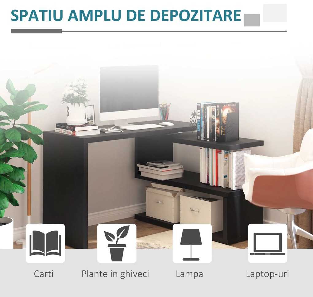 HomCom Birou pe colt pentru Computer cu Rafturi in Lemn, Negru, 120x106x75cm