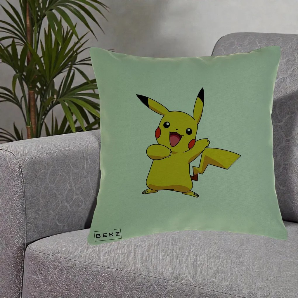 Perna Personalizata Pikachu Fericit, 40x40 cm, Verde, Husa Detasabila, Perna Inclusa, BEKZ®