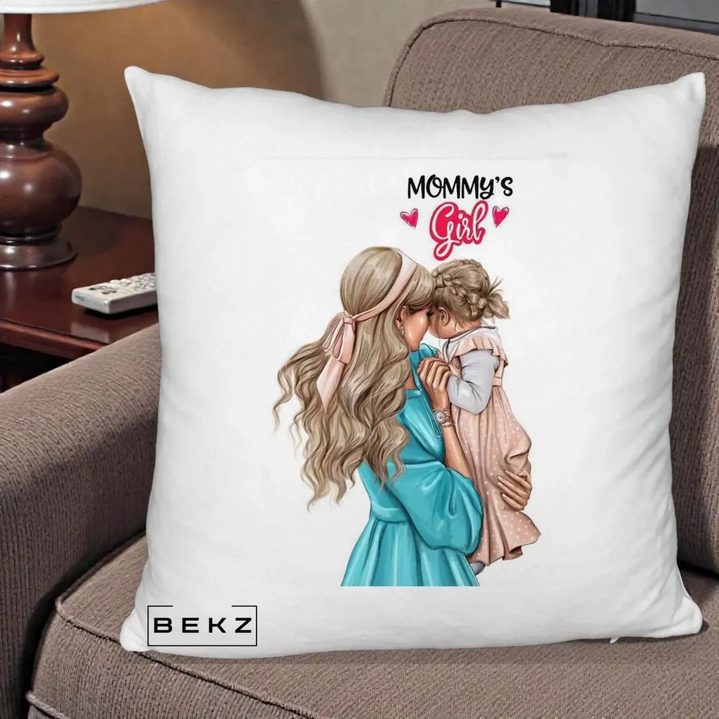 Cadou pentru Mama - Perna Personalizata Mommy's Girl Mama si Fetita, 40x40 cm, Alb Pufos, Husa Detasabila, Perna Inclusa, BEKZ®