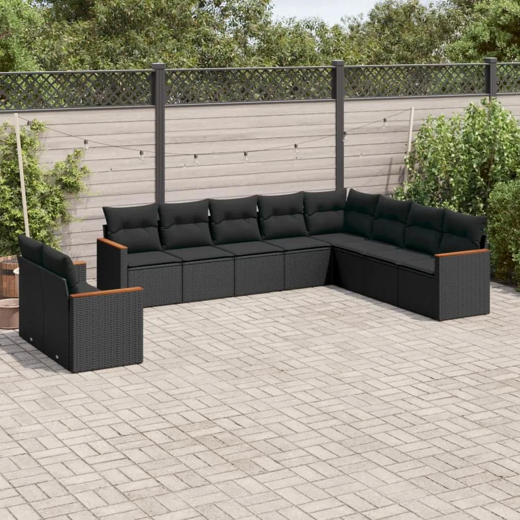 3226111 vidaXL Set canapele de grădină cu perne, 10 piese, negru, poliratan