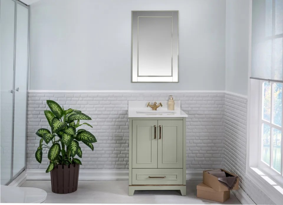 Set Mobilier Baie Ontario 24, Include Dulap Baza cu Lavoar și Oglinda, 60 cm, Verde Fistic