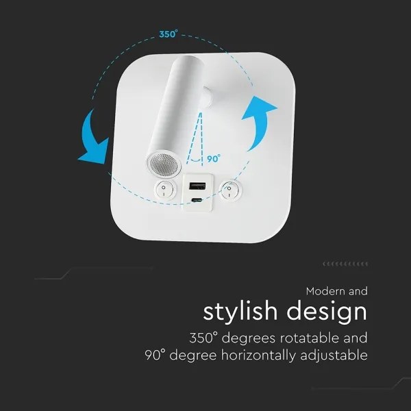 Aplică LED de perete cu port USB, 8W, 230V, 3000K, alb