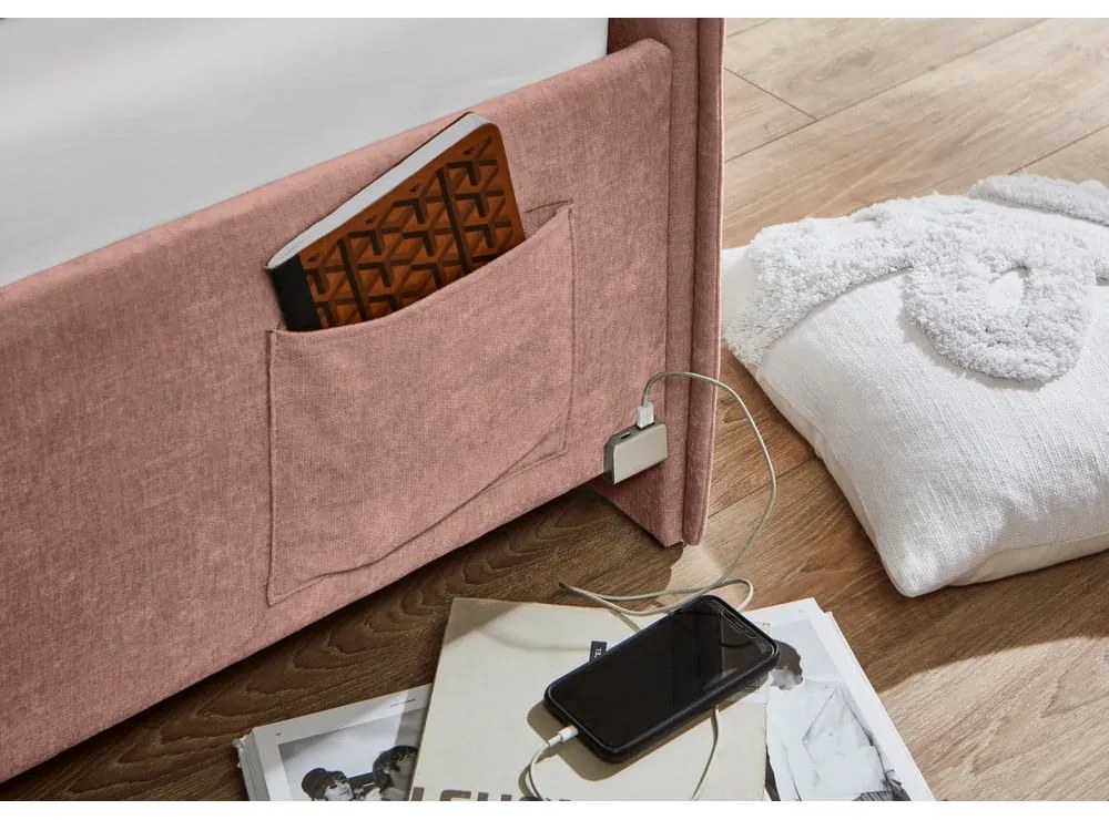 Pat pentru copii roz pe colț tapițat cu spațiu de depozitare cu somieră 140x200 cm Fun – Meise Möbel