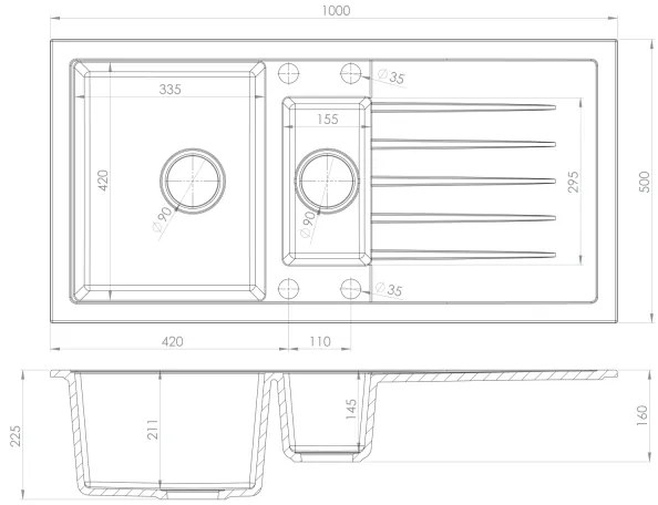 Sapho - Chiuvetă de bucătărie din granit 100 x 50 cm, neagră