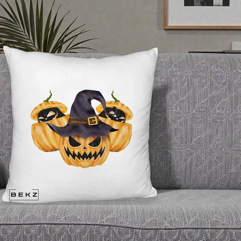 Perna Decorativa Trio Dovleci Jack-o-Lantern cu Palarie Vrajitoare, 40x40 cm, Alb Pufos, Husa Detasabila, Perna Inclusa, BEKZ®