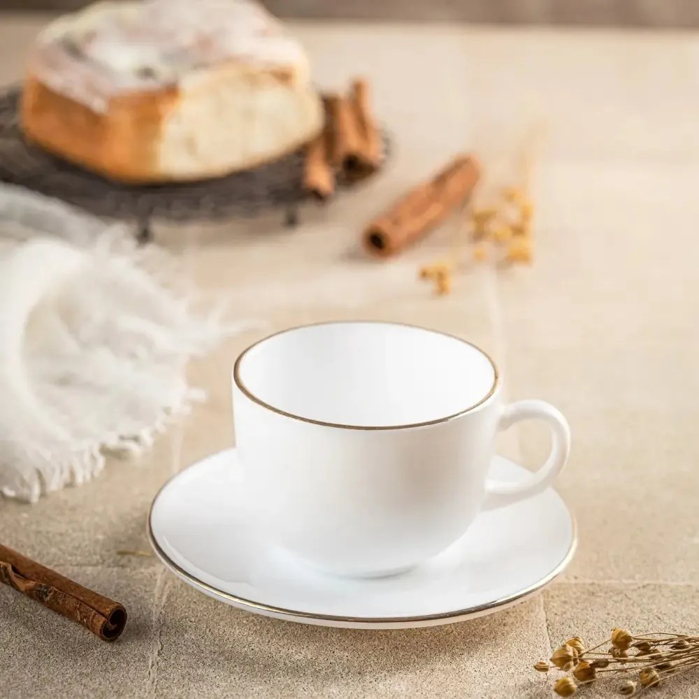 Set cesti cafea 12 piese, opal, alb cu auriu, 210 ml Kinghoff KH-1929
