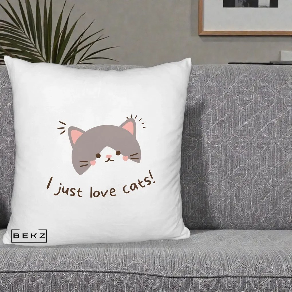 Perna Personalizata I Just Love Cats Pisica Kawaii, 40x40 cm, Alb Pufos, Husa Detasabila, Perna Inclusa, BEKZ®