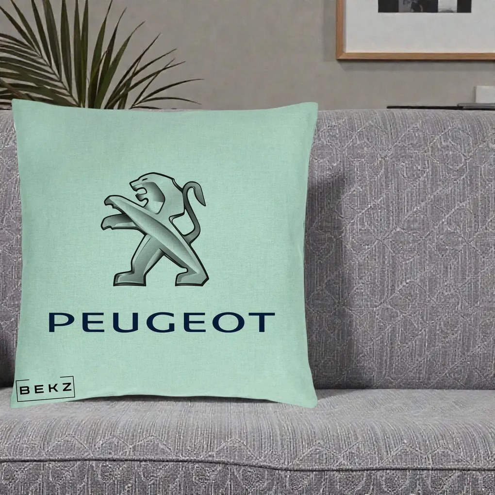 Perna Personalizata cu emblema Peugeot, 40x40 cm, Verde Menta, Husa Detasabila, Perna Inclusa, BEKZ®