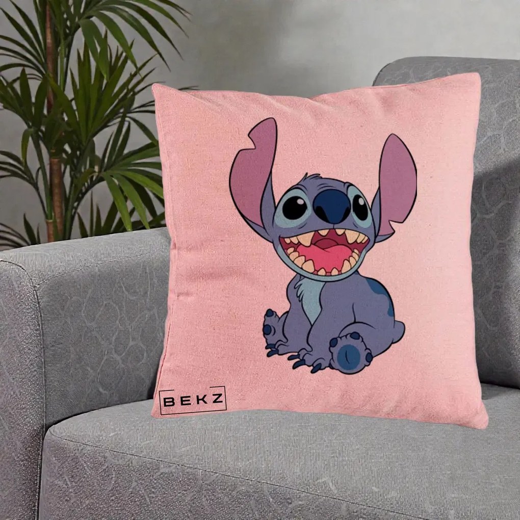 Perna Personalizata Stitch Zambitor, 40x40 cm, Roz, Husa Detasabila, Perna Inclusa, BEKZ®