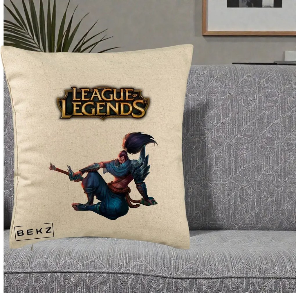 Perna Personalizata League of Legends Yasuo, 40x40 cm, Bej, Husa Detasabila, Perna Inclusa, BEKZ®