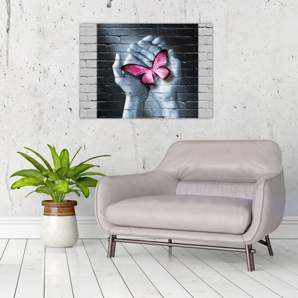 Tablou - Fluture roz în perete (70x50 cm)