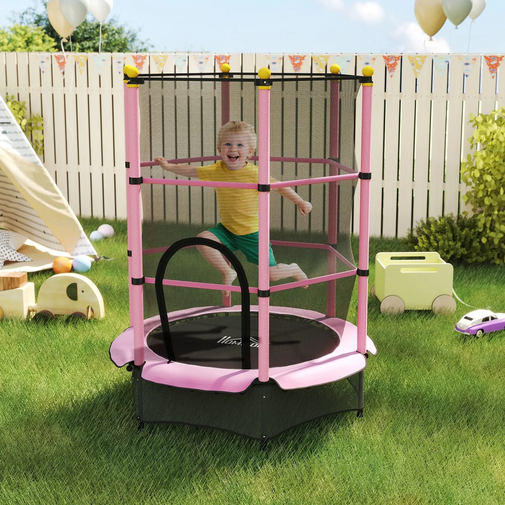 HOMCOM Trambolină Elastică pentru Copii 3-10 Ani cu Plasă de Siguranță și Țevi Capitonate, Ø140x190 cm, Roz | Aosom Romania