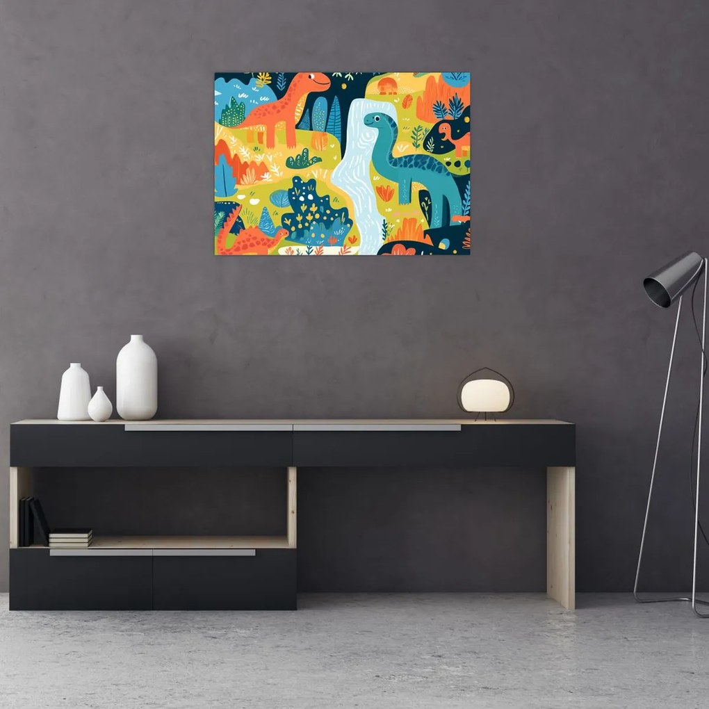 Tablou pe sticlă - Dinozauri veseli (70x50 cm)