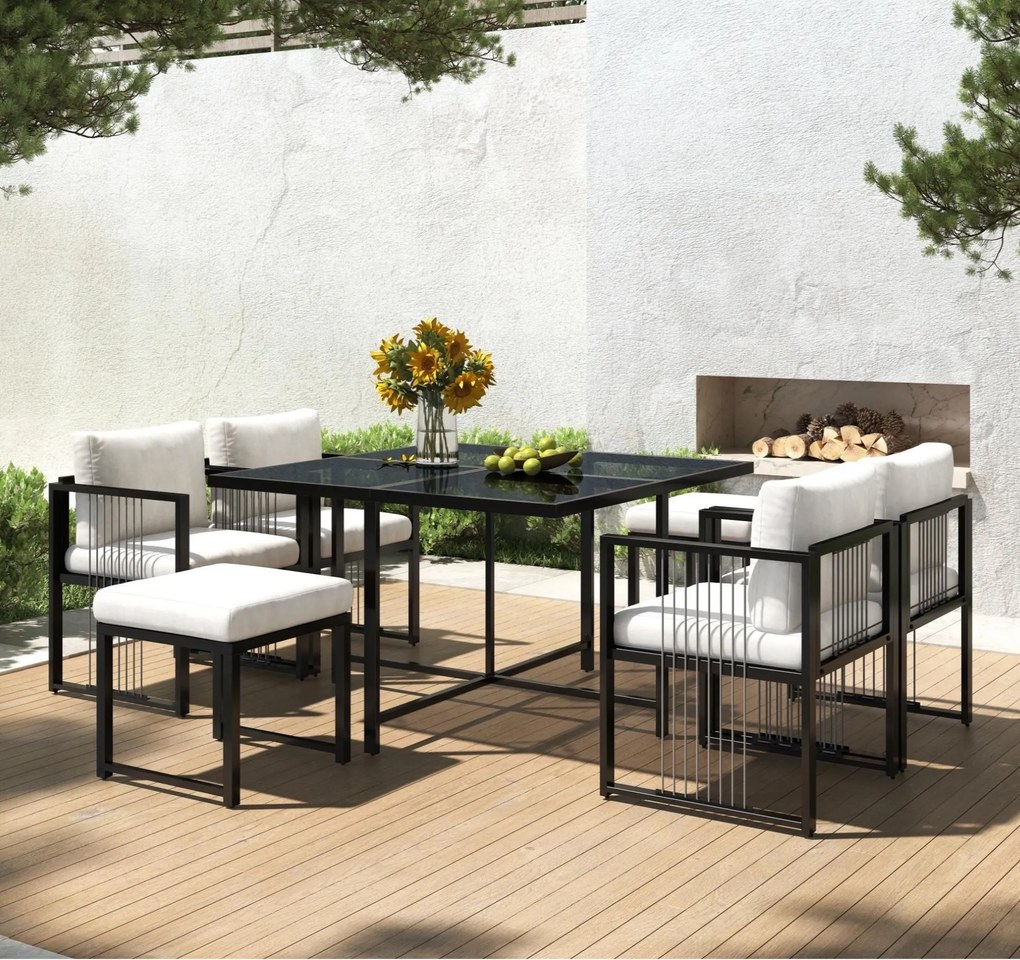 Set de grădină 7 piese pentru 6 persoane, masă din sticlă securizată, 4 scaune împletite și 2 taburete pentru picioare, Negru+Alb