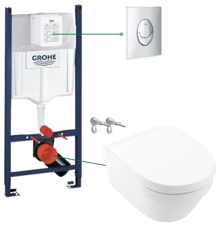 Set vas wc suspendat rimless cu capac VilleroyBoch, Architectura plus rezervor incastrat si clapeta crom Skate Air Grohe