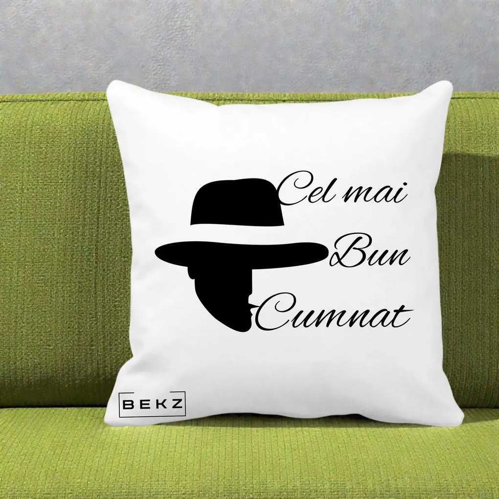 Cadou pentru Cumnat - Perna Personalizata Cel mai Bun Cumnat cu Silueta Palarie, 40x40 cm, Alba Mata, Husa Detasabila, Perna Inclusa, BEKZ®
