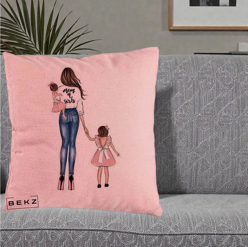 Cadou pentru Mama - Perna Personalizata Mom of Girls Mama cu Fetele, 40x40 cm, Roz, Husa Detasabila, Perna Inclusa, BEKZ®