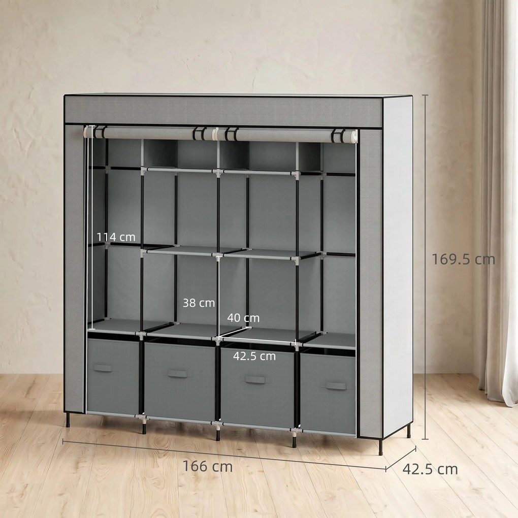 HOMCOM Dulap Portabil din Material Textil și Oțel, Garderobă cu 10 Rafturi, 4 Sertare și 2 Bare, 166x42,5x169,5 cm, Gri | Aosom Romania