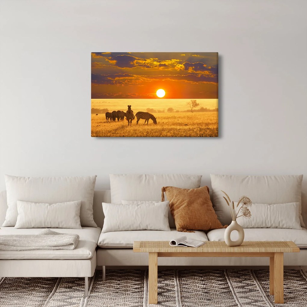 Tablou - Zebre cu apus de soare (90x60 cm)