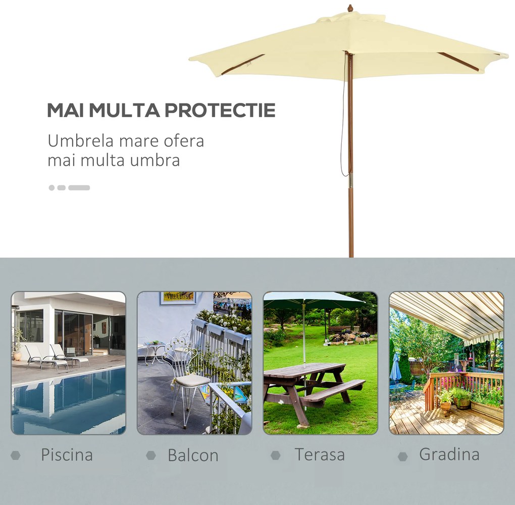 Outsunny Umbrelă de Soare pentru Grădină cu Suport din Lemn, Design Elegant, 2.5x2.3m, Crem, Protecție UV | Aosom Romania